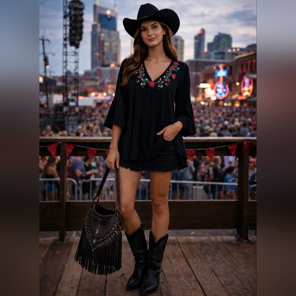 Umgee Dresses & Skirts - Umgee‎ Black Embroidered Floral Mini Dress Boho Western Ruffle Sleeve Small